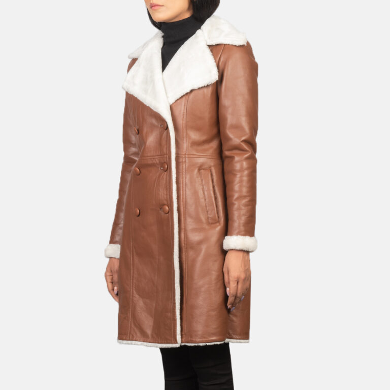 Womens Amie Brown Double Breasted Shearling Coat Side Pose-3-1652199368085